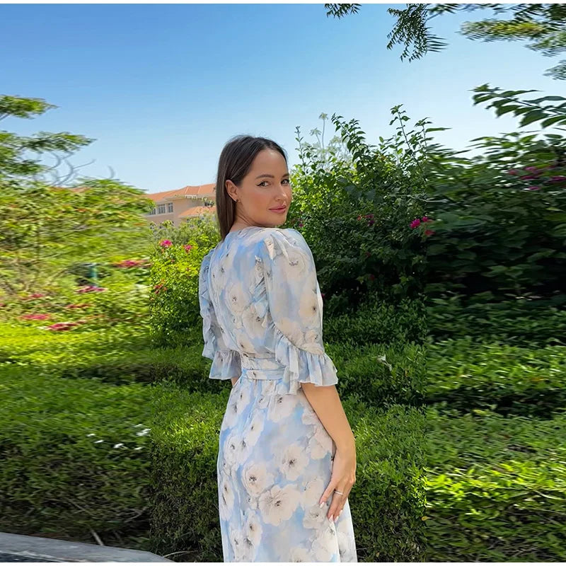 Print Chiffon Long Dress Women V Neck Half Sleeves High Waist Ruffles Belts Split Robe Female 2026 Summer Chic Vacation Dresses