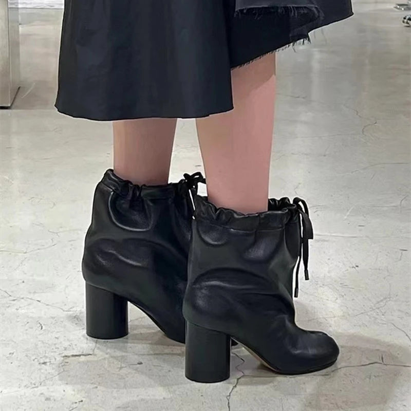Street Style Fashion Split Toe Women Mid-calf Boots Autumn Winter Genuine Leather Tabi High heels Modern Chunky Booties Shoes