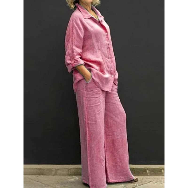 Spring Summer Women Lapel Long Sleeve Shirt High Waist Wide Leg Pants Set