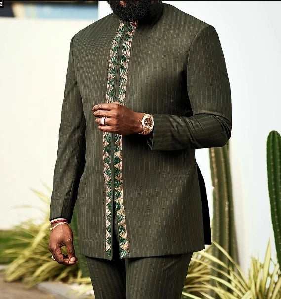 African Traditional Man Outfit Men 2PCS Suits Long-sleeved Round Neck Male Sets Shirt Top Pant Ethnic Style Casual Wear clothing