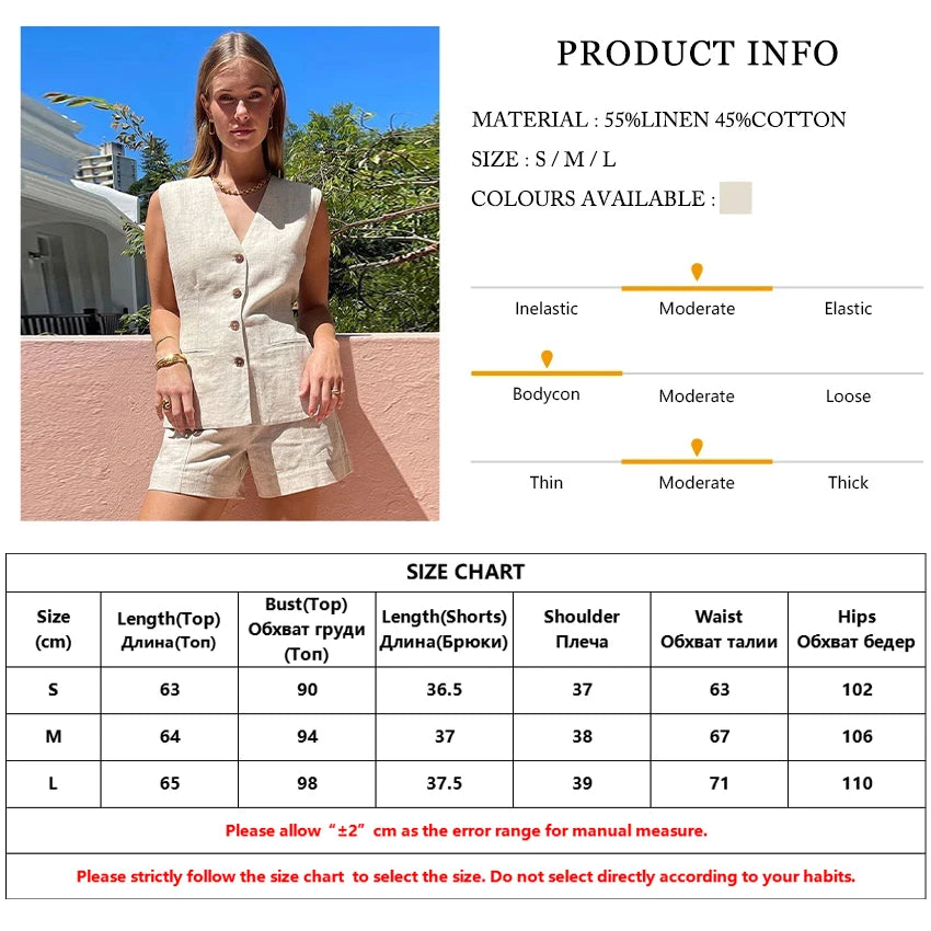 Clacive Summer Slim Khaki Linen 2 Piece Sets Women Outfit 2024 Fashion Sleeveless Tank Top With High Waist Shorts Set Female