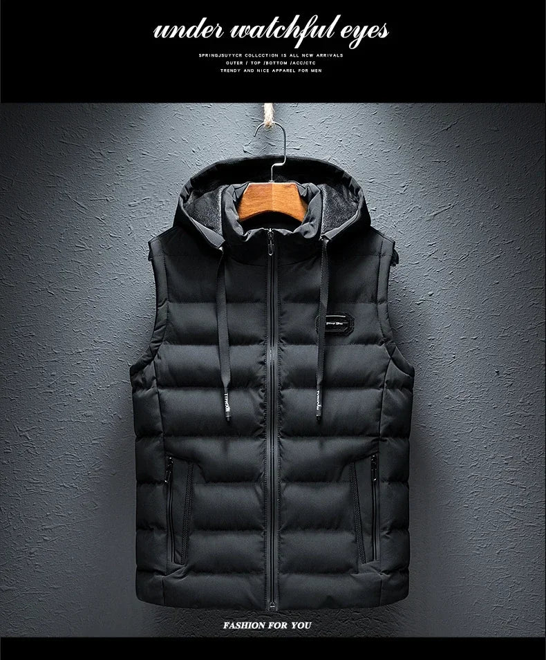 Brand Mens Jacket Sleeveless Vest Hooded Fashion Casual Coats Male Cotton-Padded Men's Vest Men Zipper Waistcoats Plus size 6XL