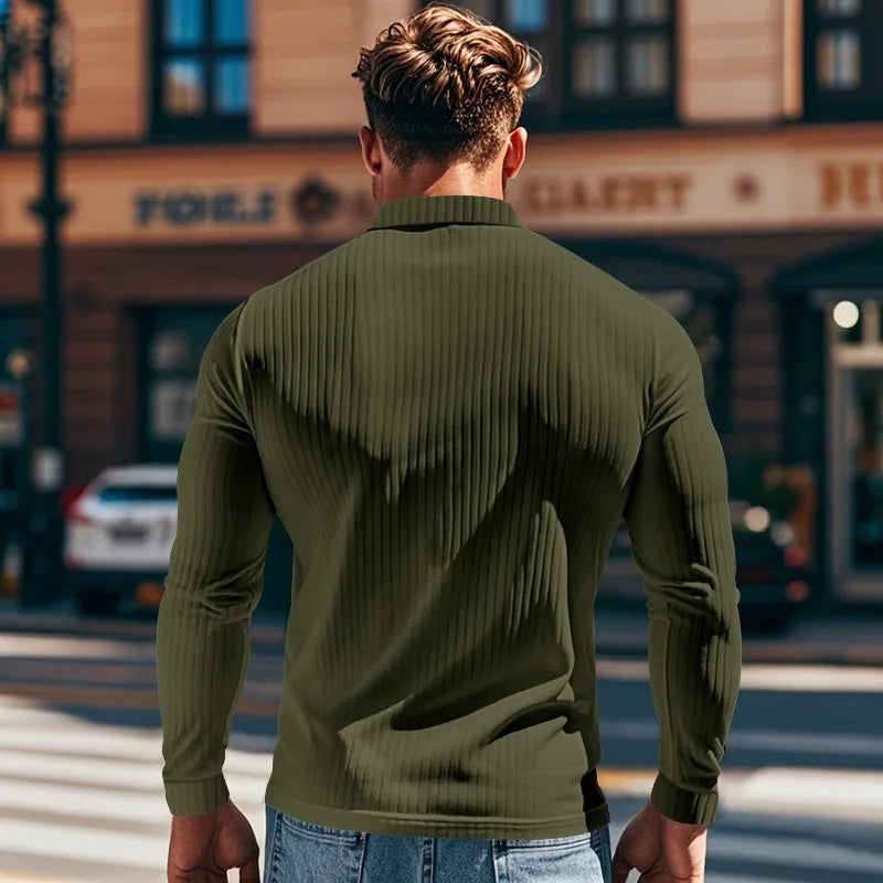 Cross-border autumn men's classic casual American lapel button-up long-sleeved T-shirt elastic pit strip polo shirt