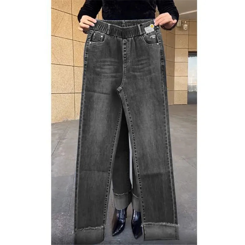 Plus Size Middle Aged Womens Jeans Elastic Waist High Waist Loose Denim Pants