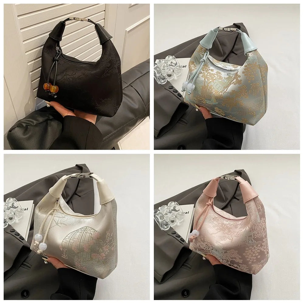 Fashion Embroidered Chinese Style Handbag Canvas Zipper Pea Purses Luxury Adjustable Cheongsam Bag Women