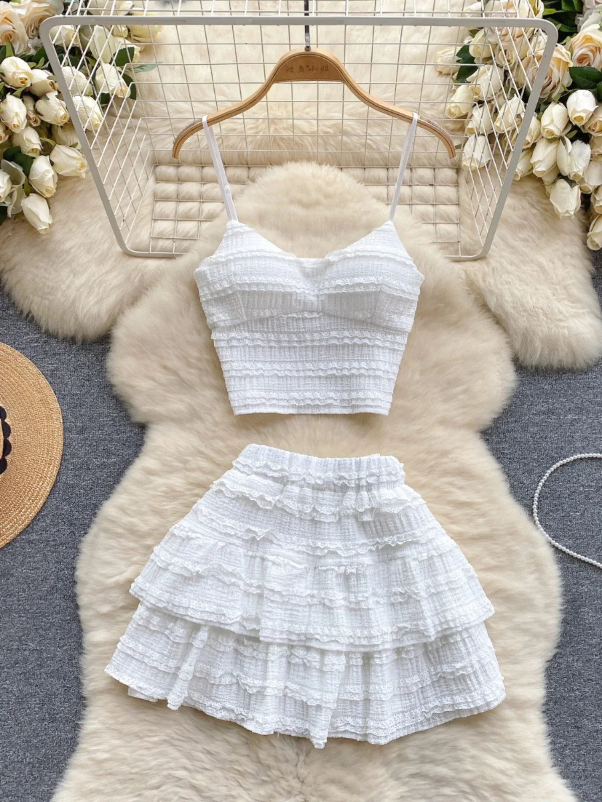 Sexy Two Pieces Sets Forwomen Chic Sexy Short Straps Tank Top with High Waist Mini Skirt Suit Summer Sweet Pleated Skirt