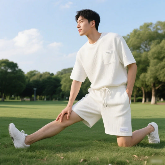 2025 Men's Sports Set Casual T-shirt and Shorts Loose and Comfortable Summer Waffle Set Jogging Set