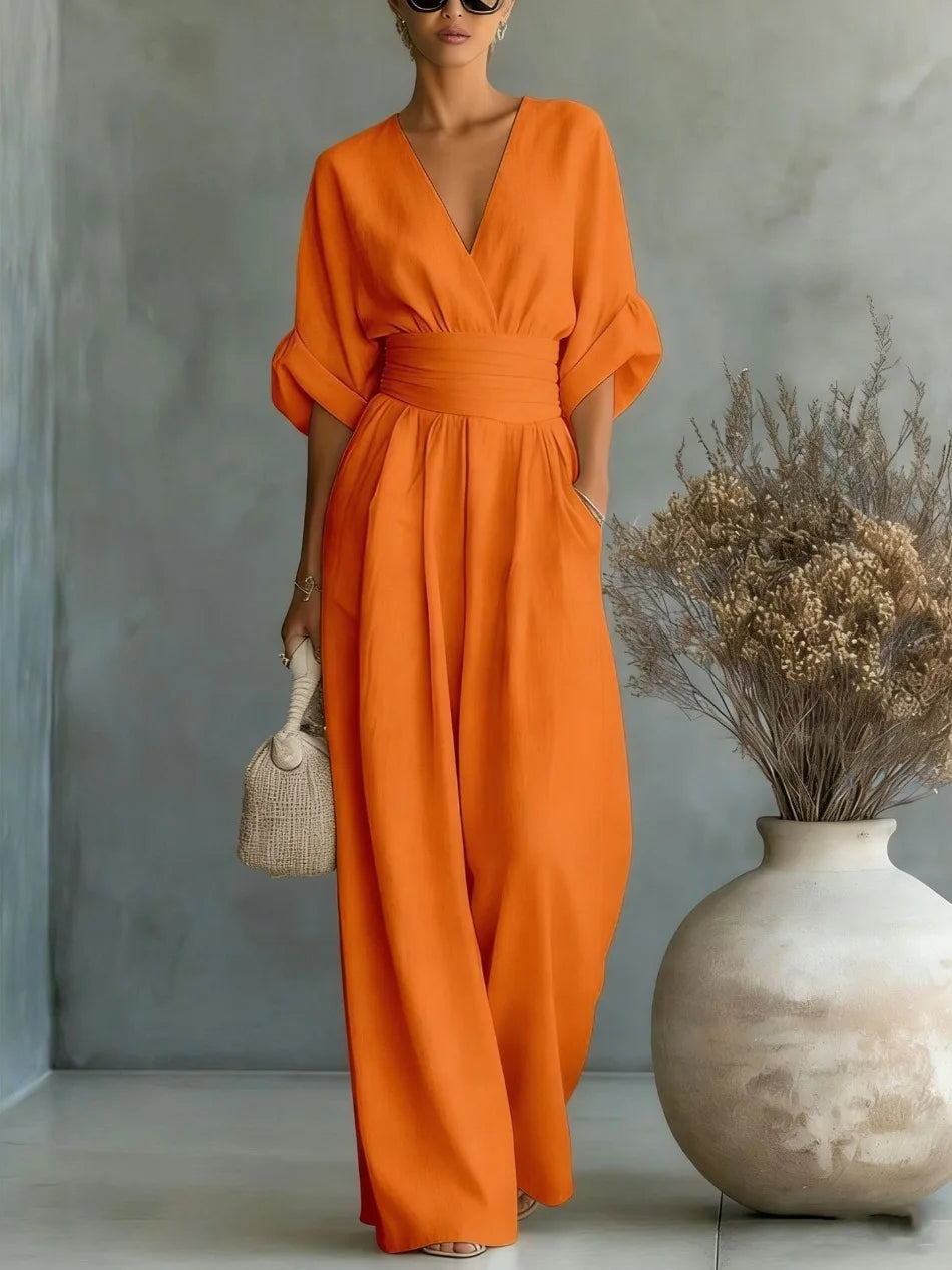 Women's Jumpsuit Fashion High Waist V-neck Casual Jumpsuits Sexy Solid Color Office Wide Leg Trousers Overalls Vacation Outfit