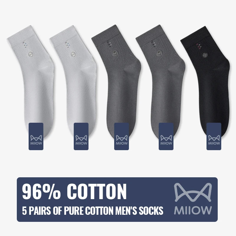 MiiOW 100% Pure Cotton Socks Men Business Dress Long Sock Black White Antibacterial Anti Odor Crew Socks Breathable Sport Sock