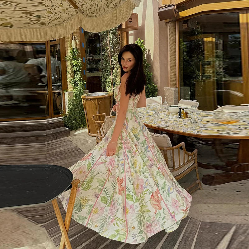 Fashion Women's Dress Halter Sleeveless Hollow Out Print Female Dresses 2026 Summer Vacation Holiday Beach Chic Sexy Lady Robe