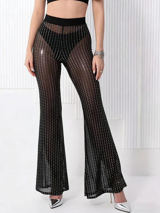 Sexy Hot Girl Style Sheer Sequined Net-fitted Flared Pants Cool And Revealing Without An Inner Layer Tight-fitting Long Pants