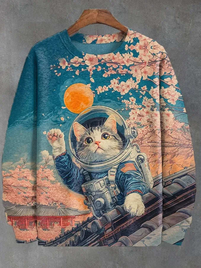 Japanese Fashion Men's Sweatshirt Funny Animal Graphic Ukiyo-e O-Neck Pullover Casual Pullover Tops Regular Fit Polyester Shirt