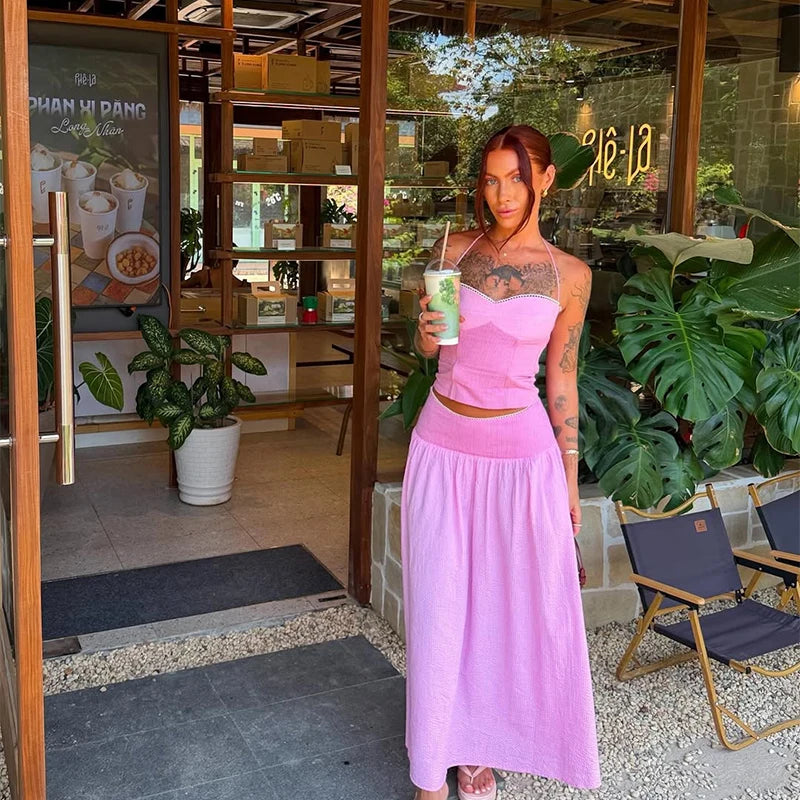Chic Striped Women's Vest Pant Suits Sleeveless Slim Halter Top Wide Leg Pants Lady Set 2026 Summer Vacation 2 Piece Set Women