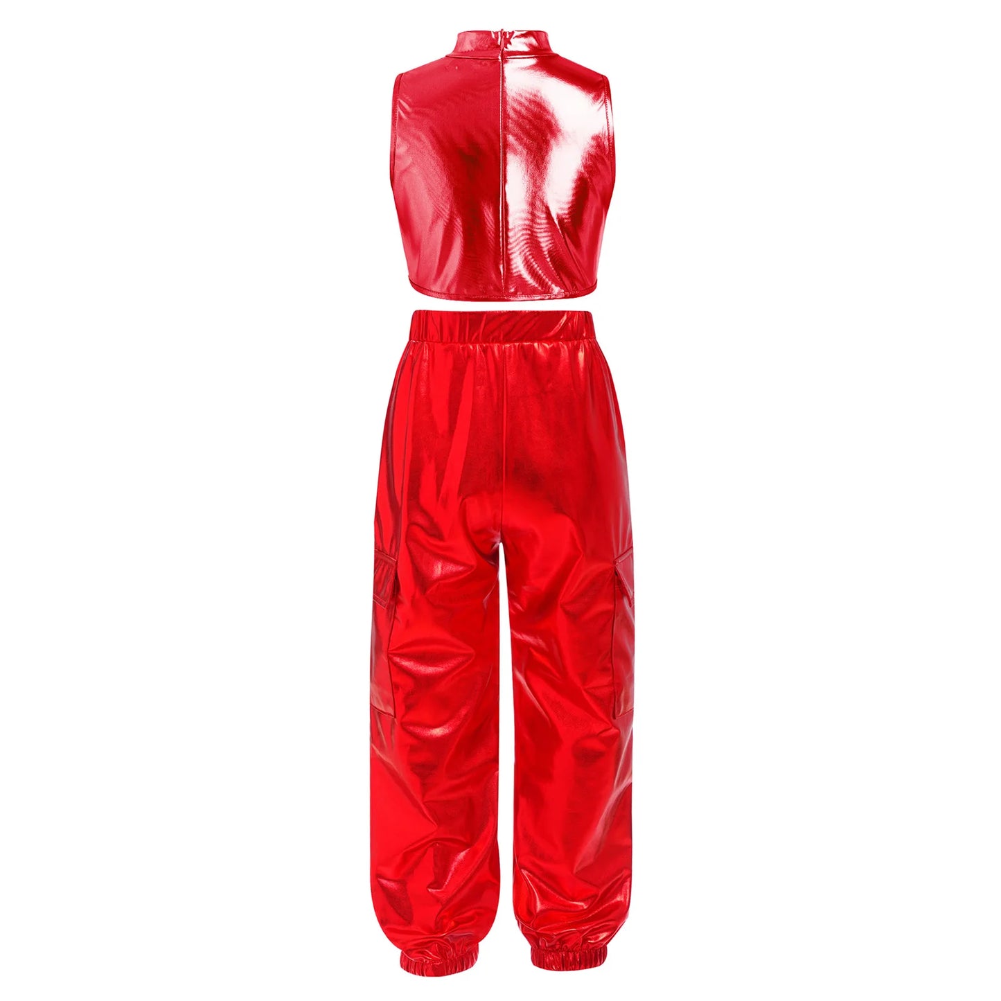 Kids Girls Disco Jazz Hip Hop Dance Outfit Sleeveless Shiny Sequin Ruffle Crop Top with Metallic Pants School Show Party Costume
