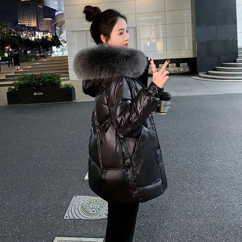 Black Down cotton Jacket Women's 2025 New Korean version Thick fur collar Loose Wash free Winter Coat Female Warm Parka Overcoat