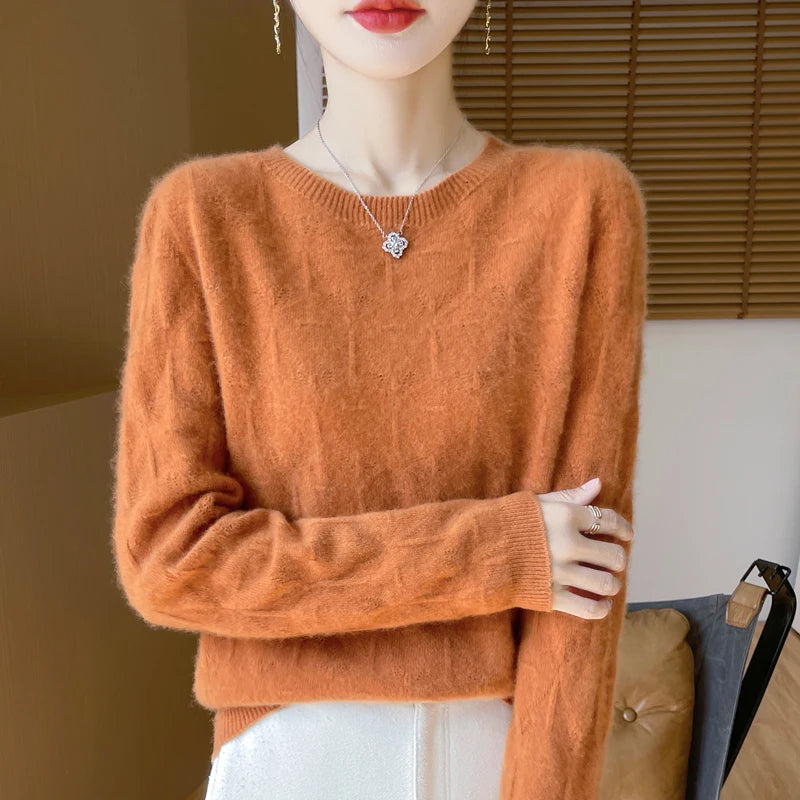 Women 100% Merino Wool Sweater Casual Hollow out Cashmere Blouse O-neck Pullover Tops Autumn Winter Warm Knit Woman Wool Sweater