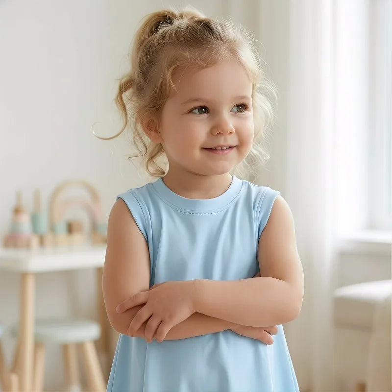 Summer Children Casual Dress Fashion Sky Blue Girls O Neck T Shirt Dresses Kids Outdoor Beach Clothes New Style Sleeveless Dres
