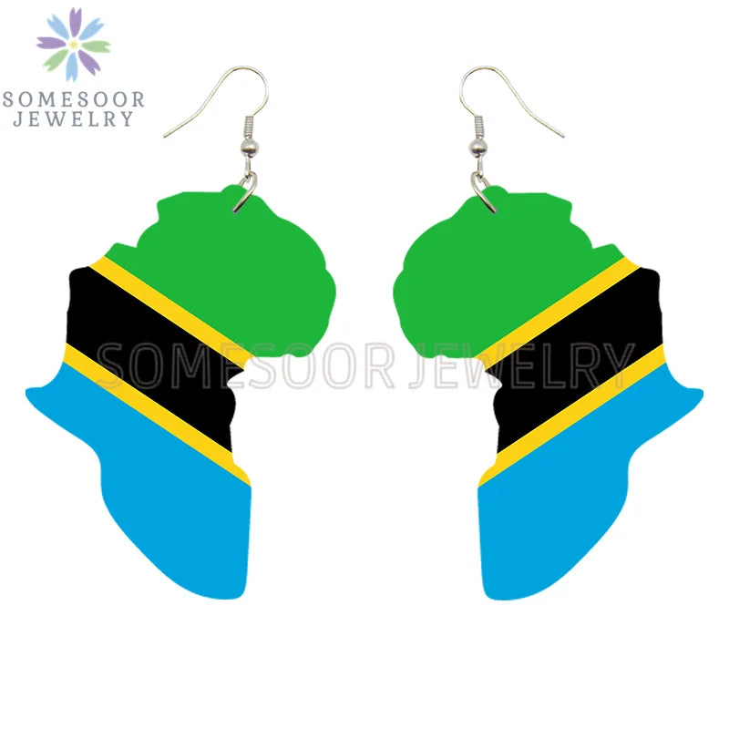 SOMESOOR Afro Countries National Flags Print Africa Map Wooden Drop Earrings Pendant For Women African Mainland Dangle Jewelry