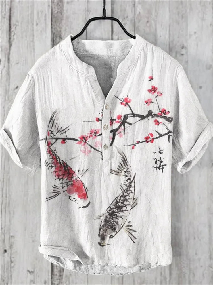 2025 New men's Linen short-sleeved Shirt Fashion Casual Printed Tops European And American Popular Style men's Clothing