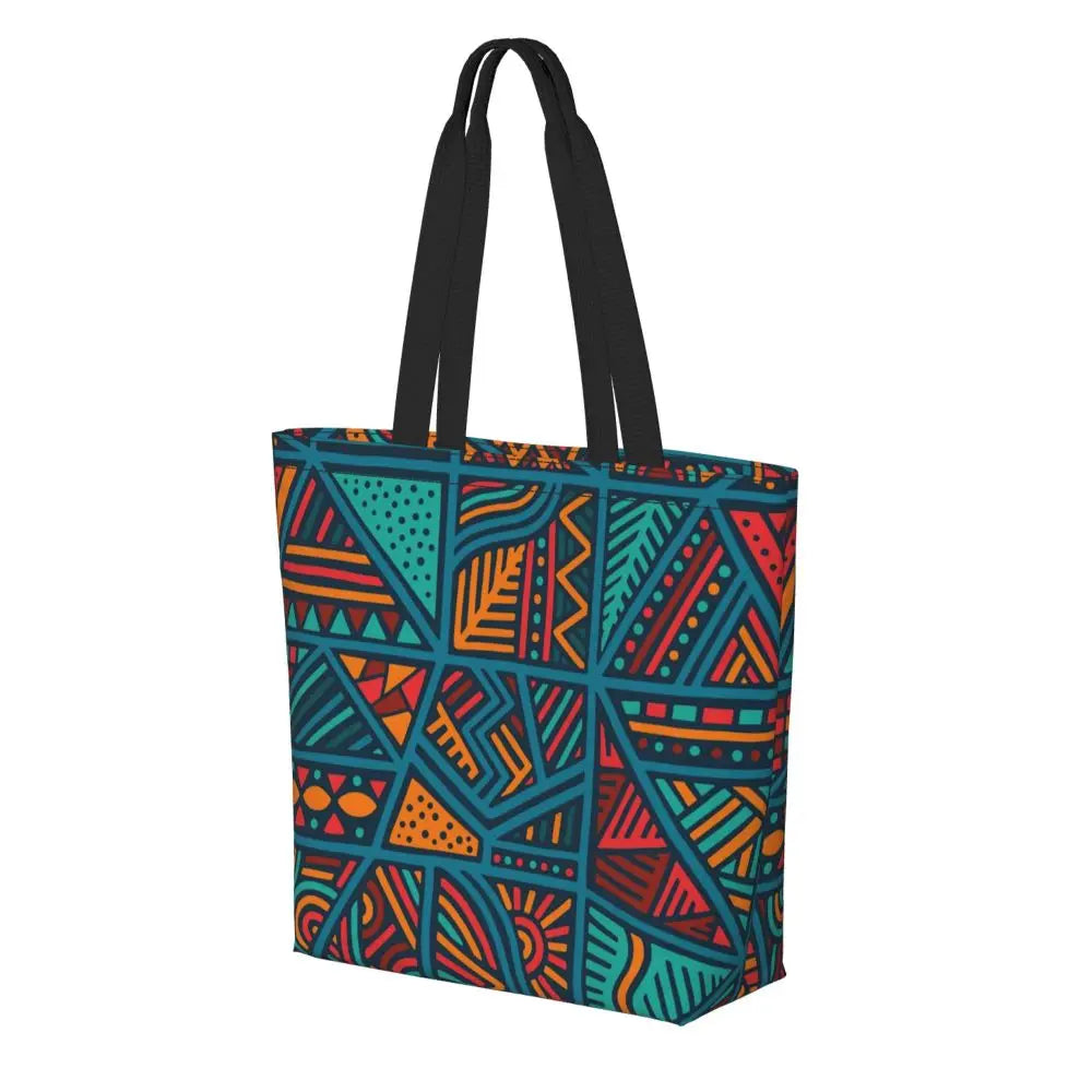 African Ankara Prints Grocery Shopping Tote Bags Women Geometric Ethnic Art Canvas Shoulder Shopper Bags Big Capacity Handbag