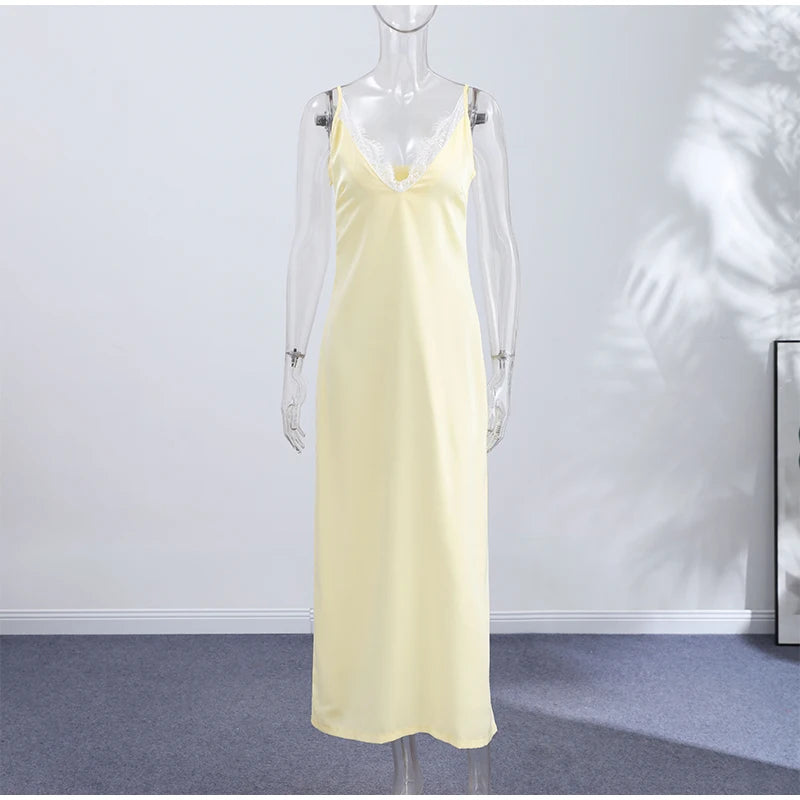 Summer Satin Lace Spliced Long Dress Women V Neck Sleeveless Waist Cinching Strap Dresses 2026 Lady Casual Solid Party Robe