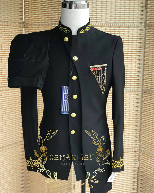 African Stand Collar Black Men Suits Appliques 2 Pieces Blazer+Pants Formal Groomsmen Wedding Tuxedos Costume Homme Mariage
