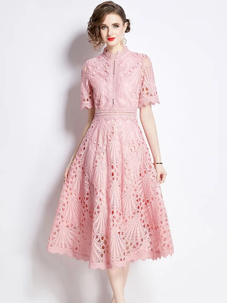 SMTHMA Vintage High-End O-Neck Short Sleeve Lace Hollow Out Dress For Women's Summer Slim Elegant Long Dress Female Clothing