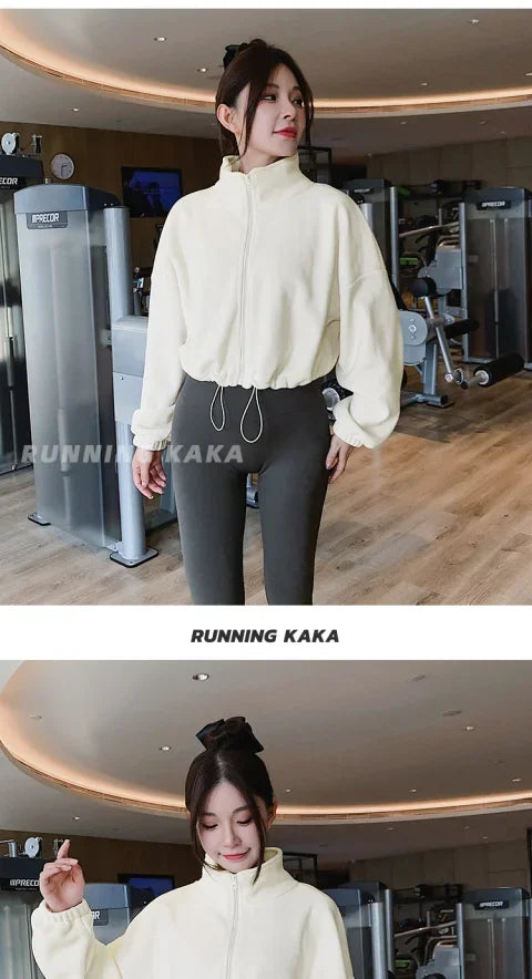 Women Loose Cropped Jacket Loose Zipper Sweatshirt Y2k Long Sleeve Coat Cardigan Sportswear Streetwear Drawstring Tops Clothing