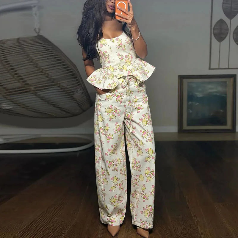 Floral Printed Women Long Pants Set Elegant Sleeveless Backless Vest Wide Leg Trousers Chic Holiday Vacation Lady Summer Outfits BAZAARHUBO