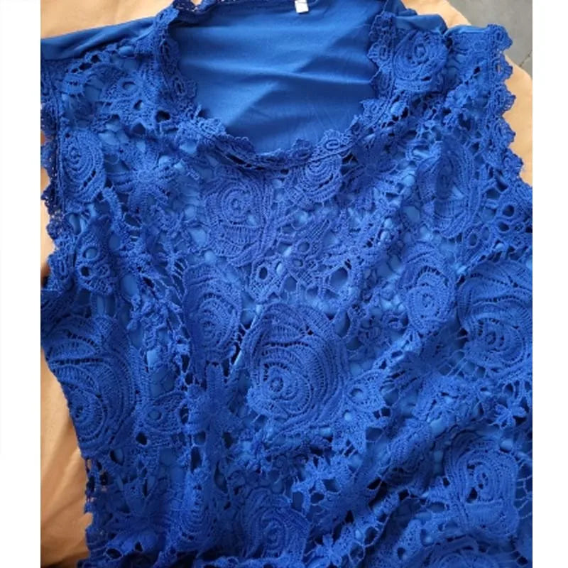 Summer Floral Lace Sleeveless Blouse O Neck Tank Top For Women Rose Pattern