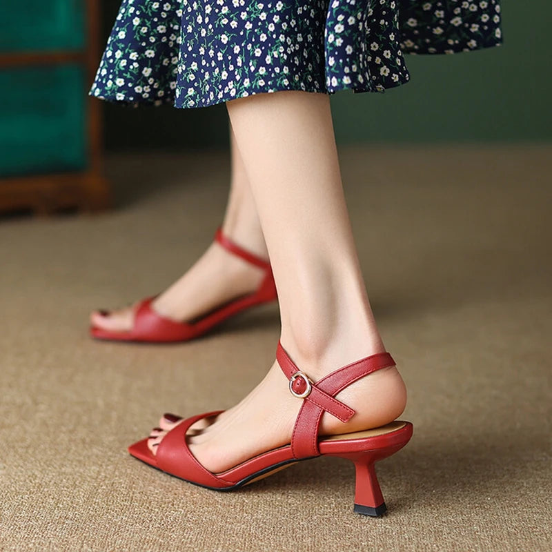 2025 Summer Sandals Women Shoes Open-Toe Thin Heel Women Sandals Split Leather Square Toe Shoes for Women High Heels Handmade