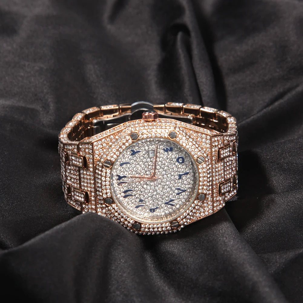 UWIN Hip Hop Stainless Steel Wristwatches for Men Full Iced Out Stones Fashion Luxury Zircon Quartz Square Watches for Gift