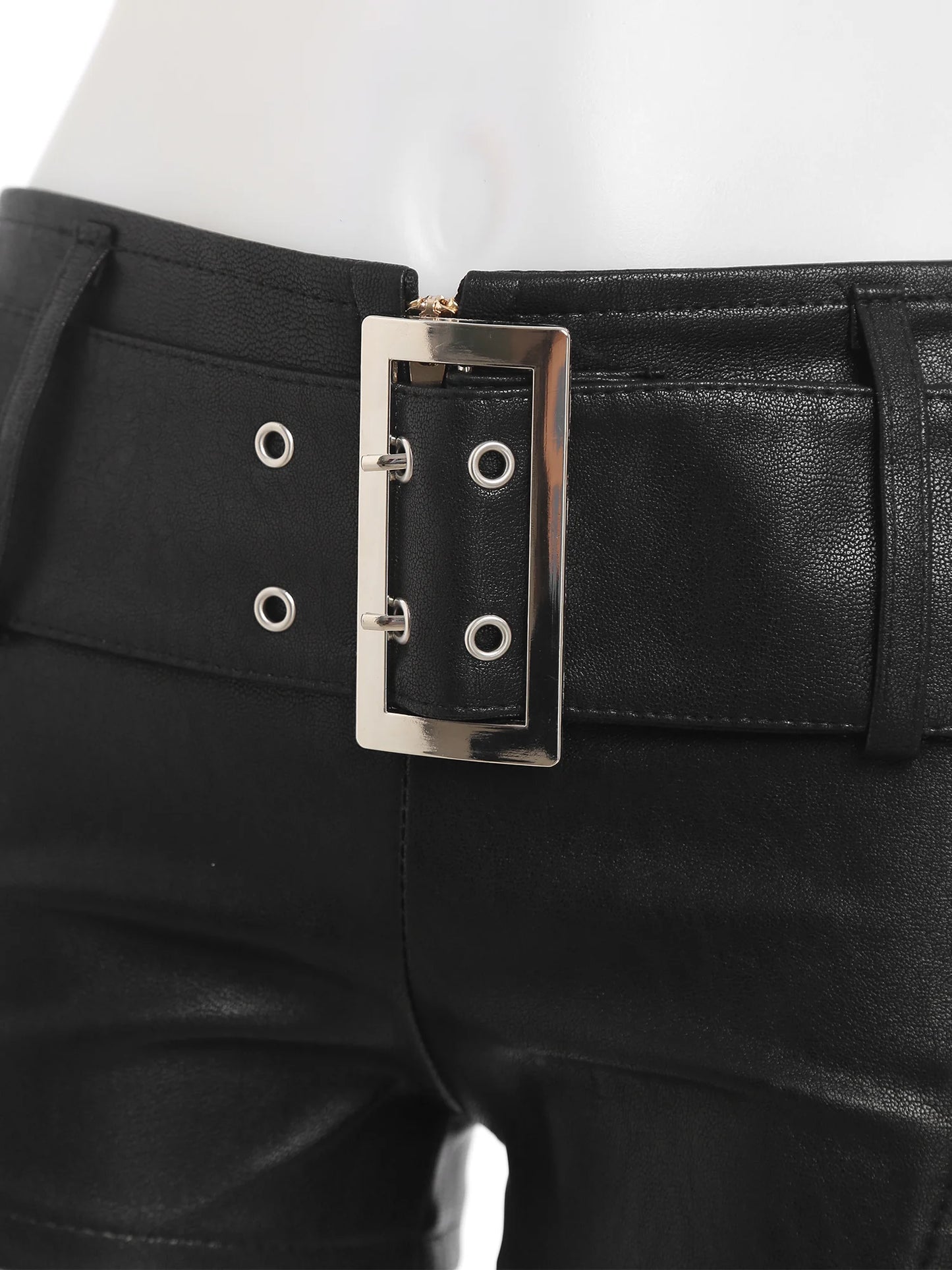Womens Rivets And Belt PU Leather Hot Pants Hot Shorts Slim Fit Short Bottoms Club Rock Music Festival Costume