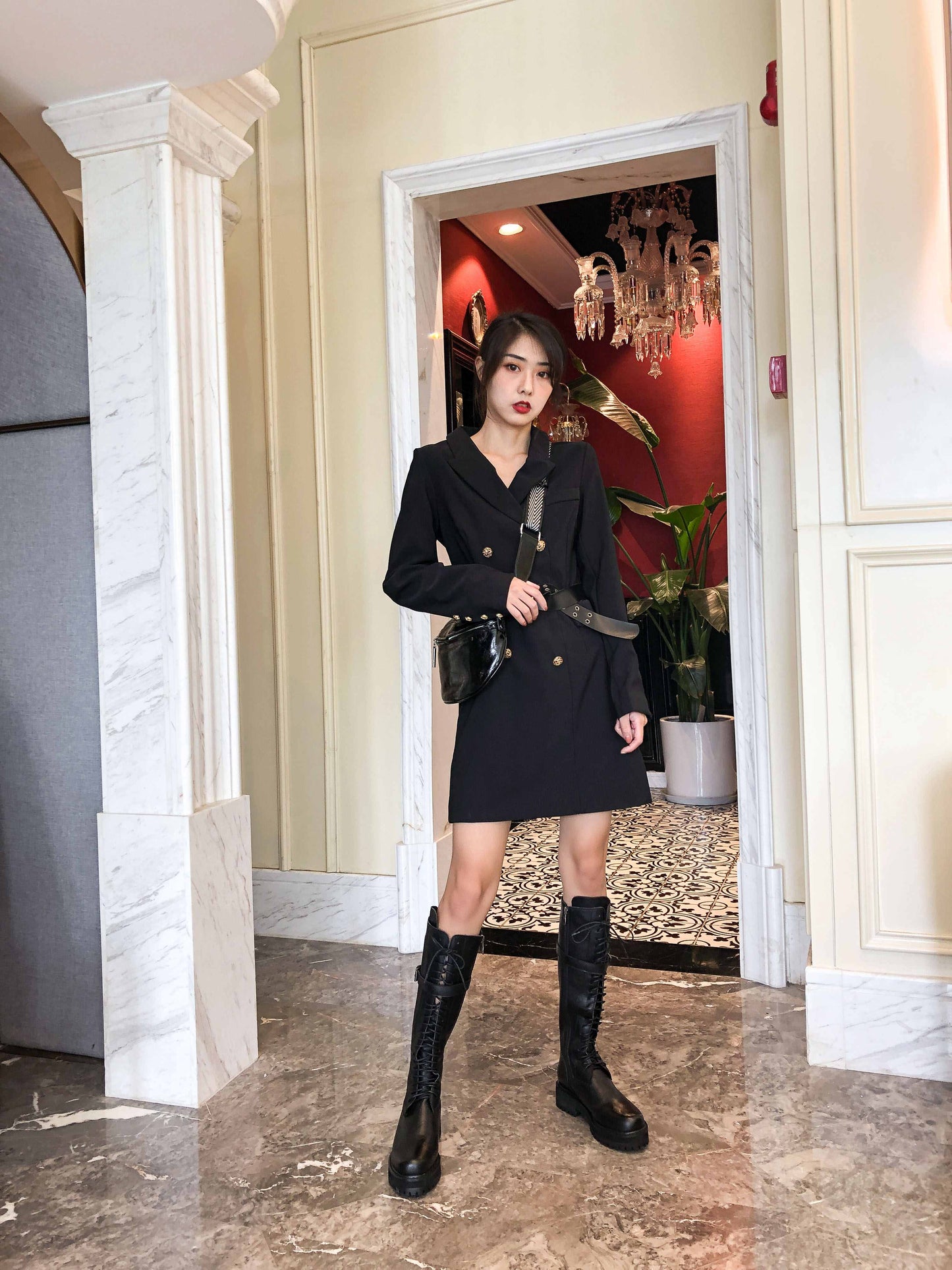Krazing Pot Big Size Genuine Leather Lace Up Med Heels Round Toe Punk Superstar Riding Boots Buckle Fastener Over-the-knee Boots