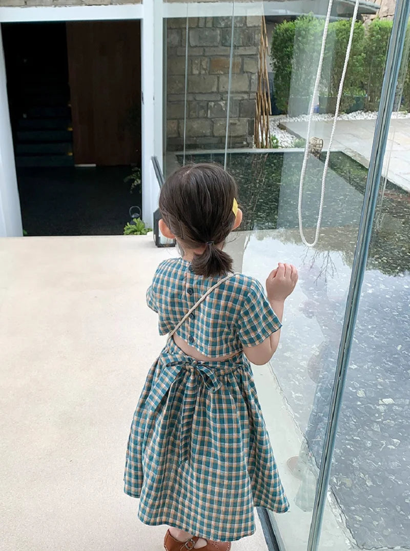 Summer Casual Baby and Girls Cotton Plaid Single-Breasted Short-Sleeved Lace Up Back Dress Kids Lovely Outfit Clothing 2-8 Years