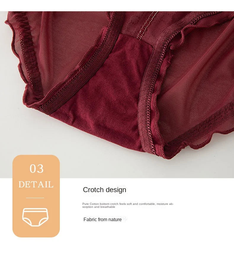 L-XL Women's Underwear Panty Sexy Lace Panties Bowknot Wine Red Brief Med Waist Seamless Underpants Female Lingerie Panties