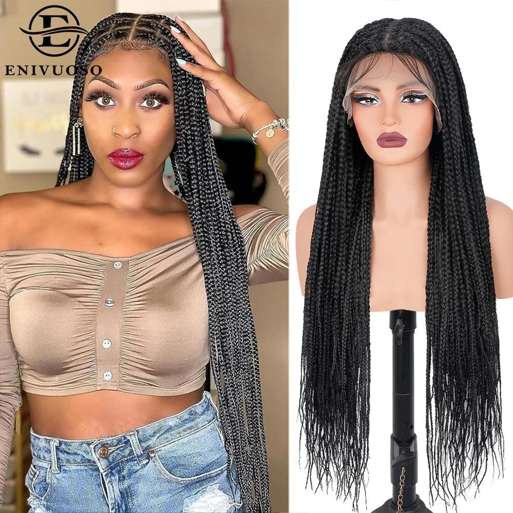 Small Square Knotless Box Braided Synthetic Wig 1BT30 Brown 30 Inch Full Double Lace Front Braided Wigs with Baby Hair For Women