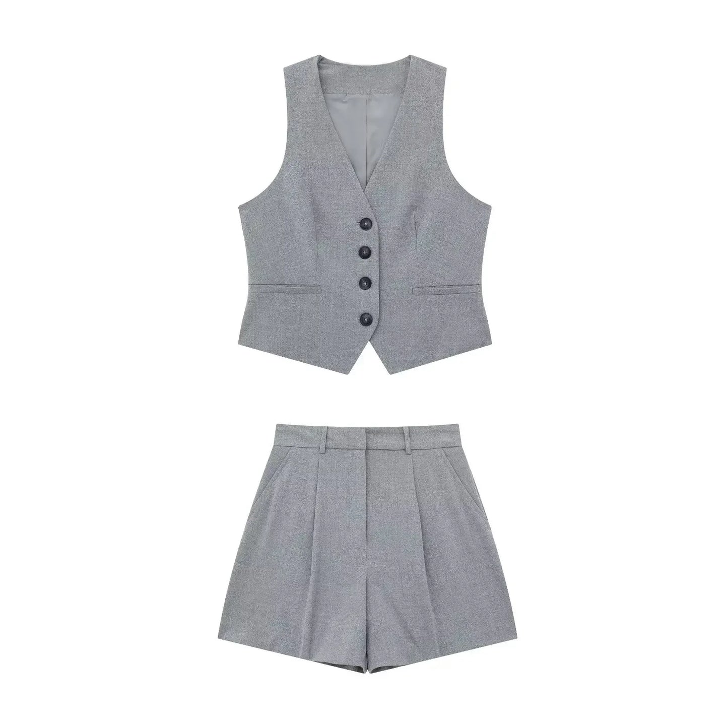 Willshela Women Fashion 2 Piece Set Grey Single Breasted V-Neck Vest & Vintage High Waist Shorts Female Chic Lady Shorts Set
