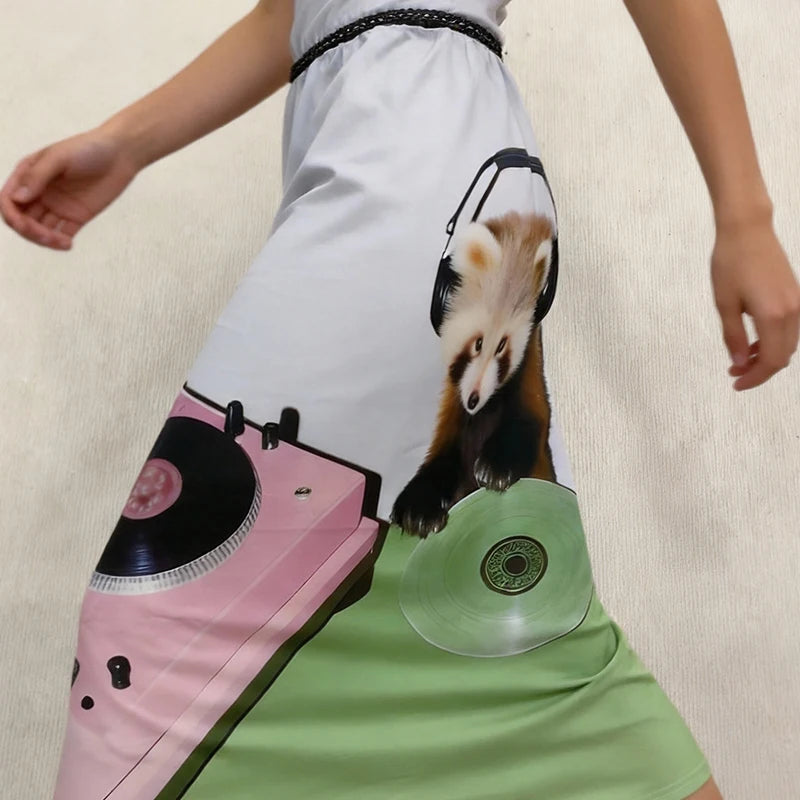 Sexy High Street Girl Personality Summer Aesthetic Lace patchwork Panda DJing Fun Printed Casual Mid Length Skirt Women Clothing