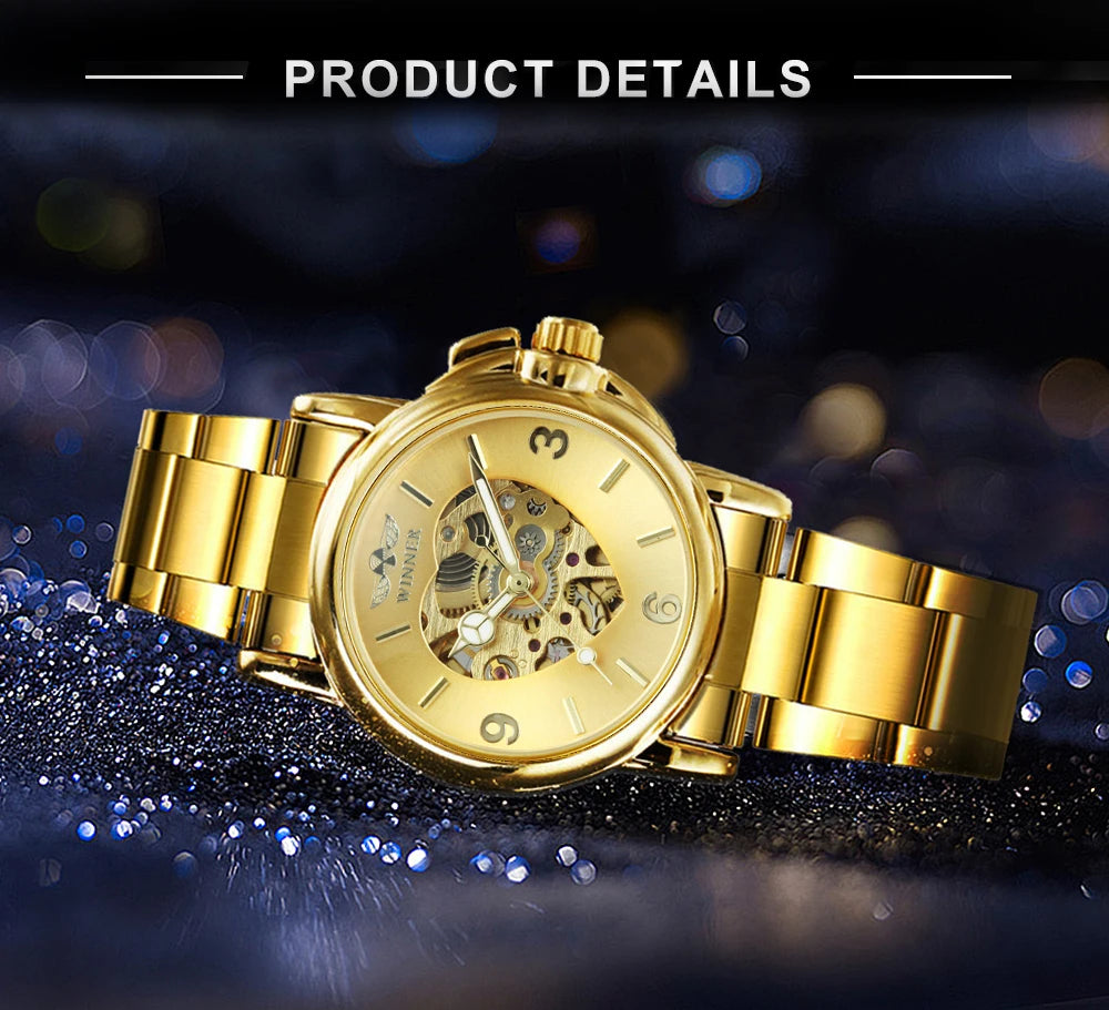 WINNER Fashion Elegant Ladies Watches Top Brand Luxury Skeleton Gold Automatic Mechanical Watch for Women Stainless Steel Strap