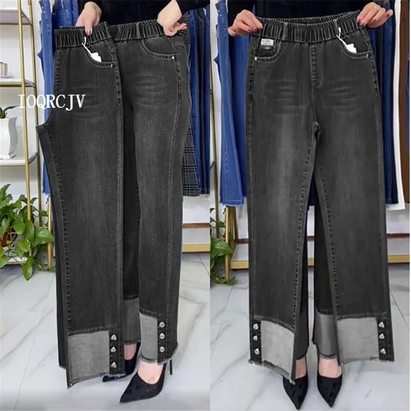Plus Size Middle Aged Womens Jeans Elastic Waist High Waist Loose Denim Pants