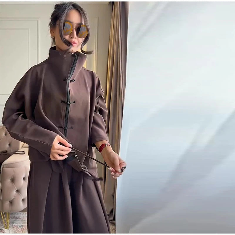 Casual Zipper Shirt Pants Suit Women Solid Button Stand Collar Drawstring Shirts Loose High Waist Trousers 2026 Spring Set Lady