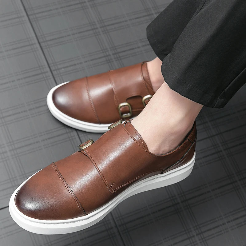 Italy Men Double Buckle Casual Shoes Autumn Leather Loafers Office Shoes for Men Driving Business Comfortable Slip on Shoes Men