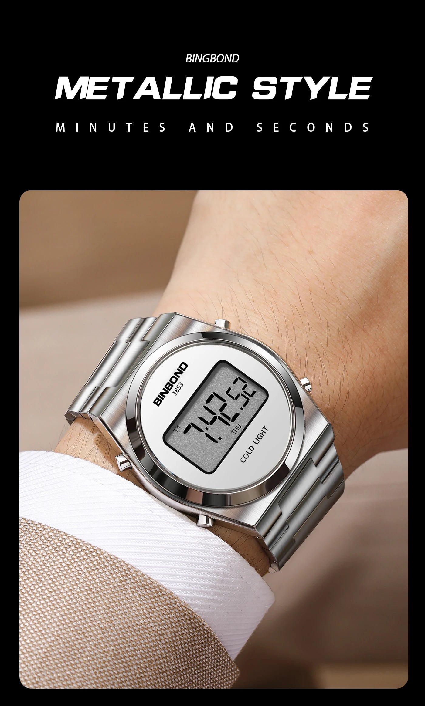BINBOND New Men Electron Watch Luxury Stainless Steel LED Digital Waterproof Men Wristwatch Luminous Sports Clock Reloj Hombre