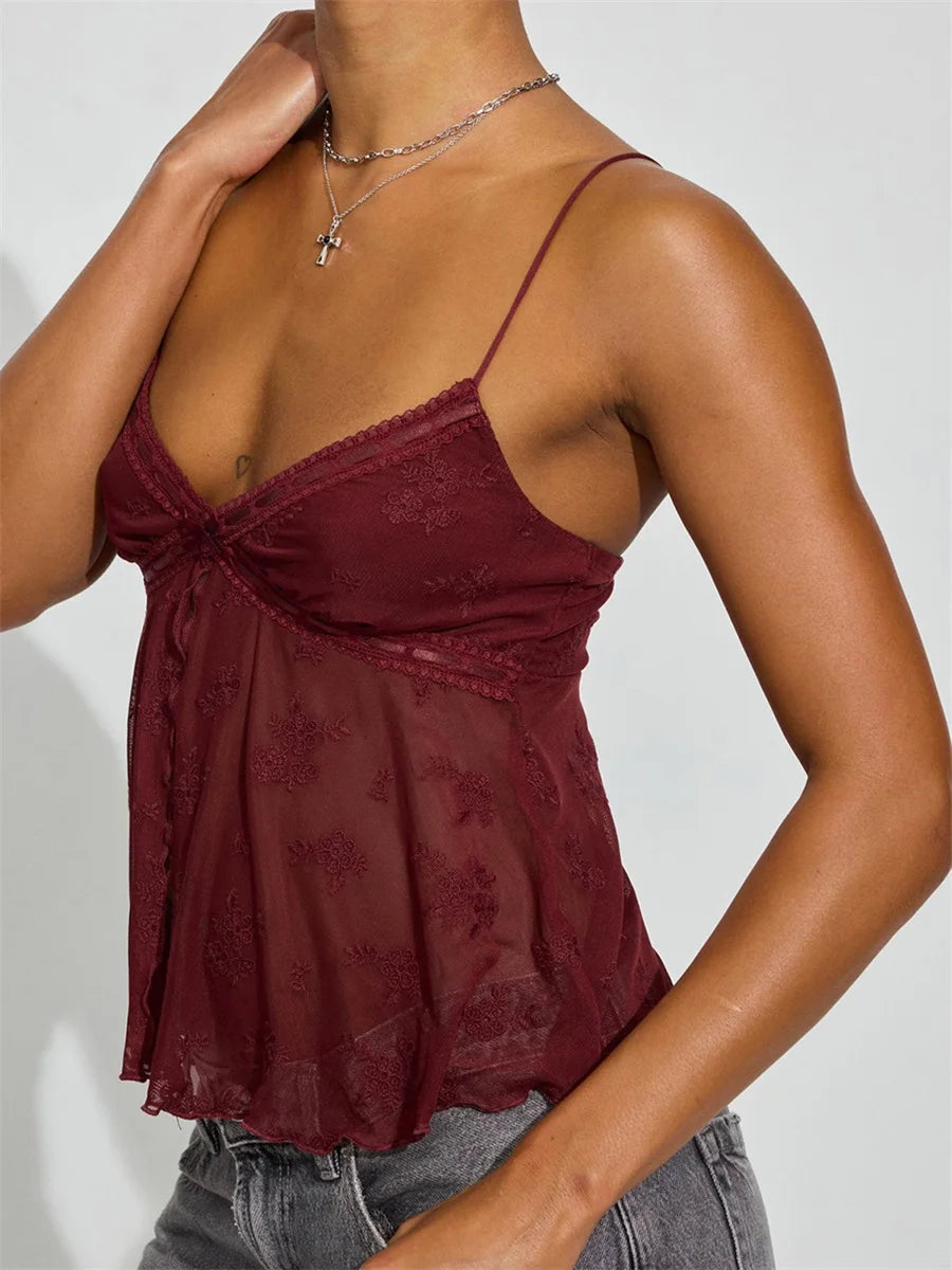Y2K Crop Tank Top Women Sleeveless Camisole Spaghetti Strap Mesh Floral Backless