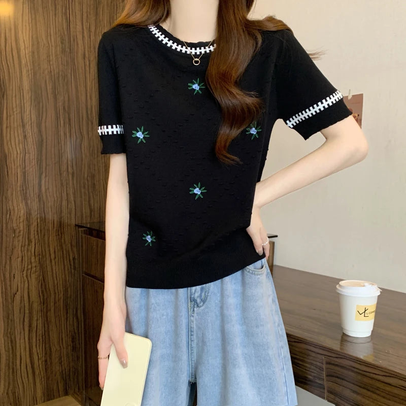 2024 Summer Stylish Sweater For Women Knit Pullover T-shirts Short Sleeve Color-blocked Fashion Elegant Ladies Knitwear Tops