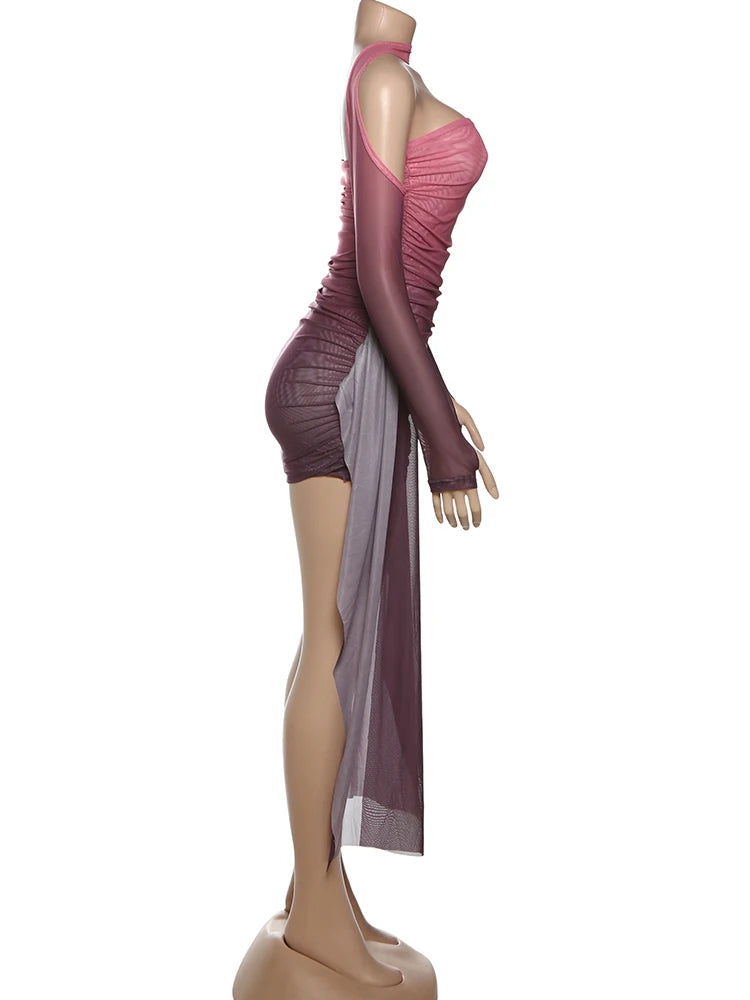 Sisterlinda Mesh Simple Mini Dress Fashion Solid Strapless Ribbons Tassel Body-shaping Vestidos+Seperately Full Sleeve Gloves