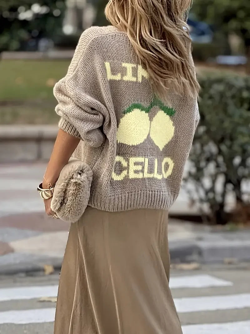 Women's fashionable casual long sleeved button sweater cardigan soft and comfortable loose lantern sleeve lemon knit sweater