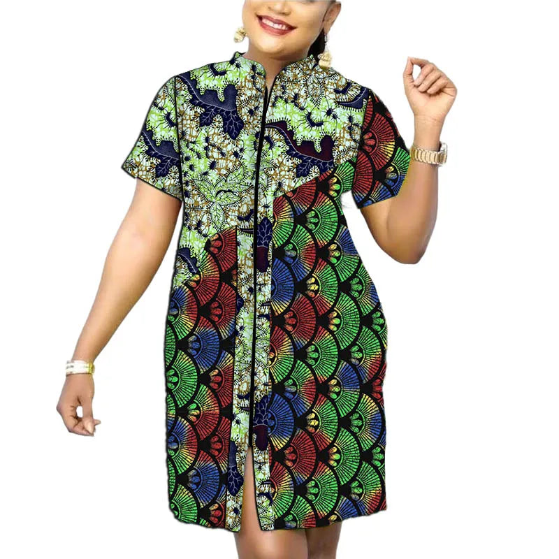 Original Design African Print Women’s Dress Stand Collar Frock Tailored Traditional Party Wear Retro Patchwork Designs