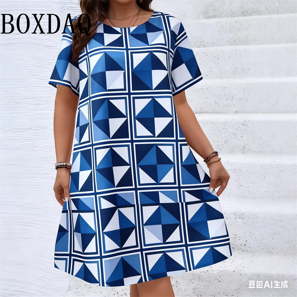 Ethnic Style Pattern Geometry Flower Dresses For Women 2026 Summer Fashion Plus Size Short Sleeve Print Dress Casual Retro Loose